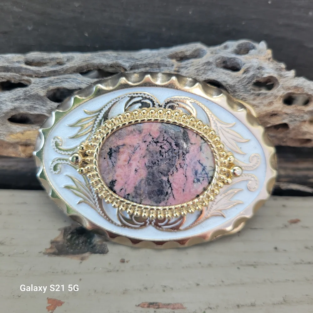 Western Themed Belt Buckle With Oval Rhodonite Stone In The Center - Picture 1 of 8